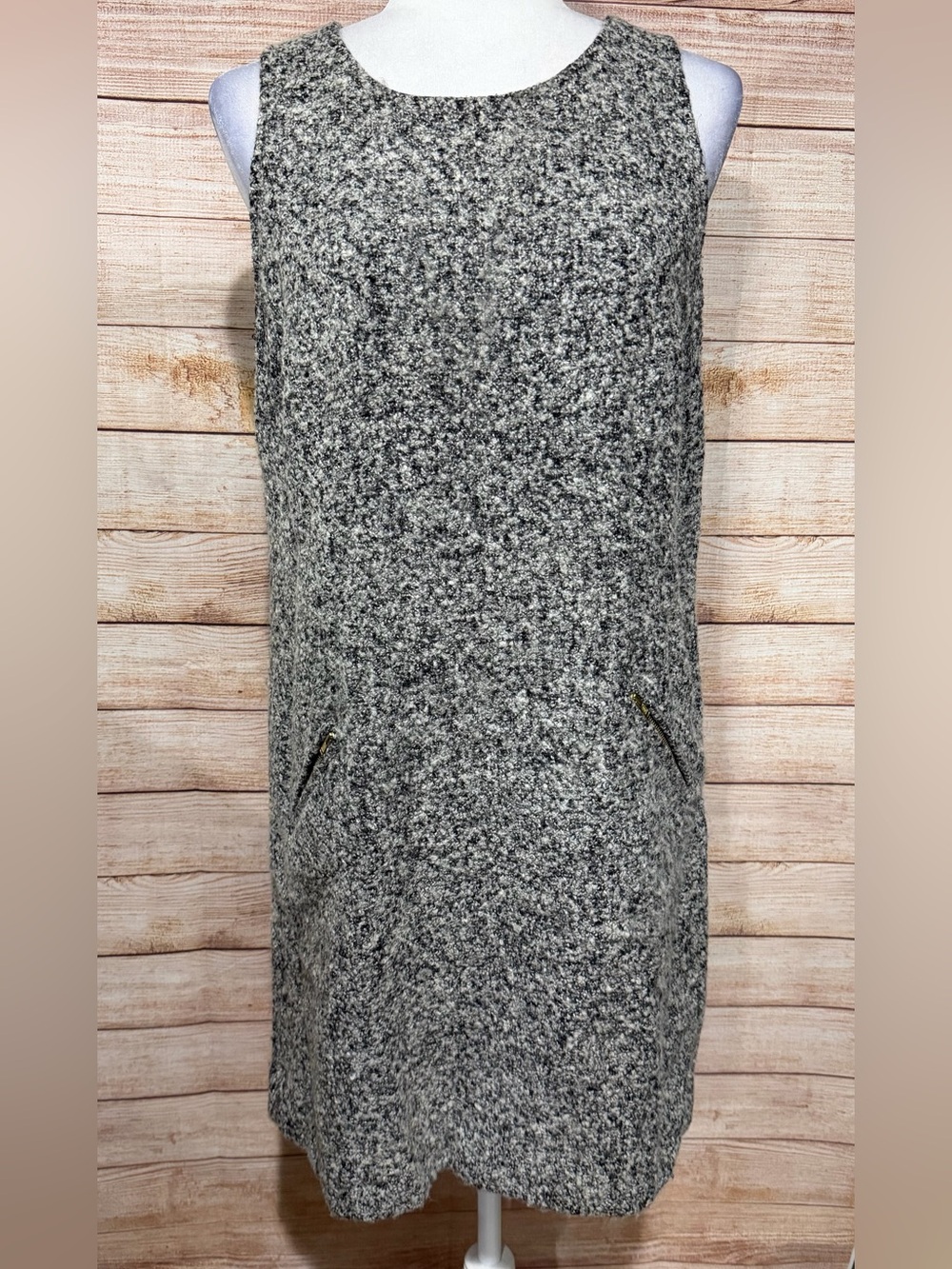 LOFT Black and Gray Bouclé Zip-Accent Dress